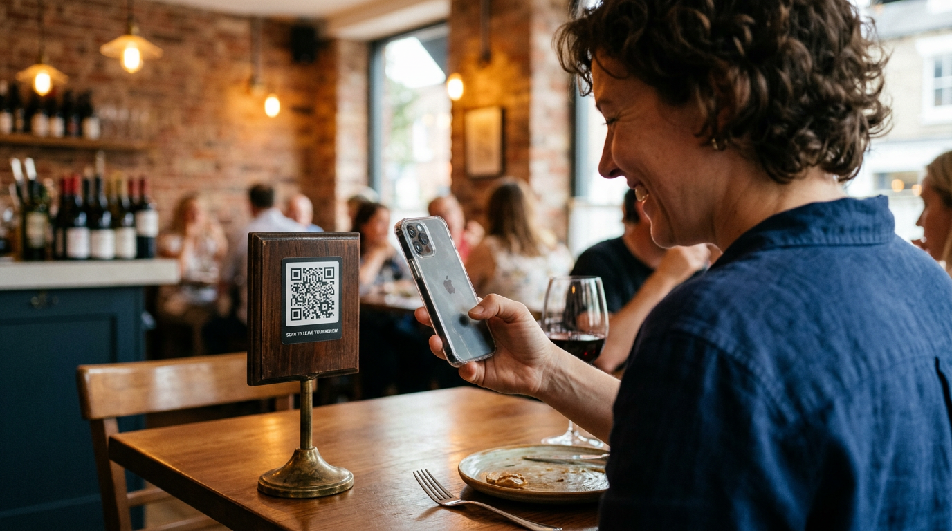 A customer leaving a review for a restaurant via a QR code.
