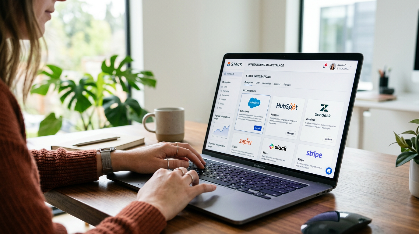 A laptop screen showing a SaaS integrations directory as part of a feature page link building strategy.