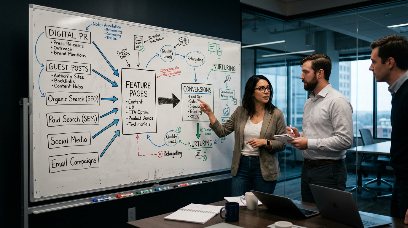 A whiteboard illustrating the flow of authority from link building tactics to saas conversion pages.