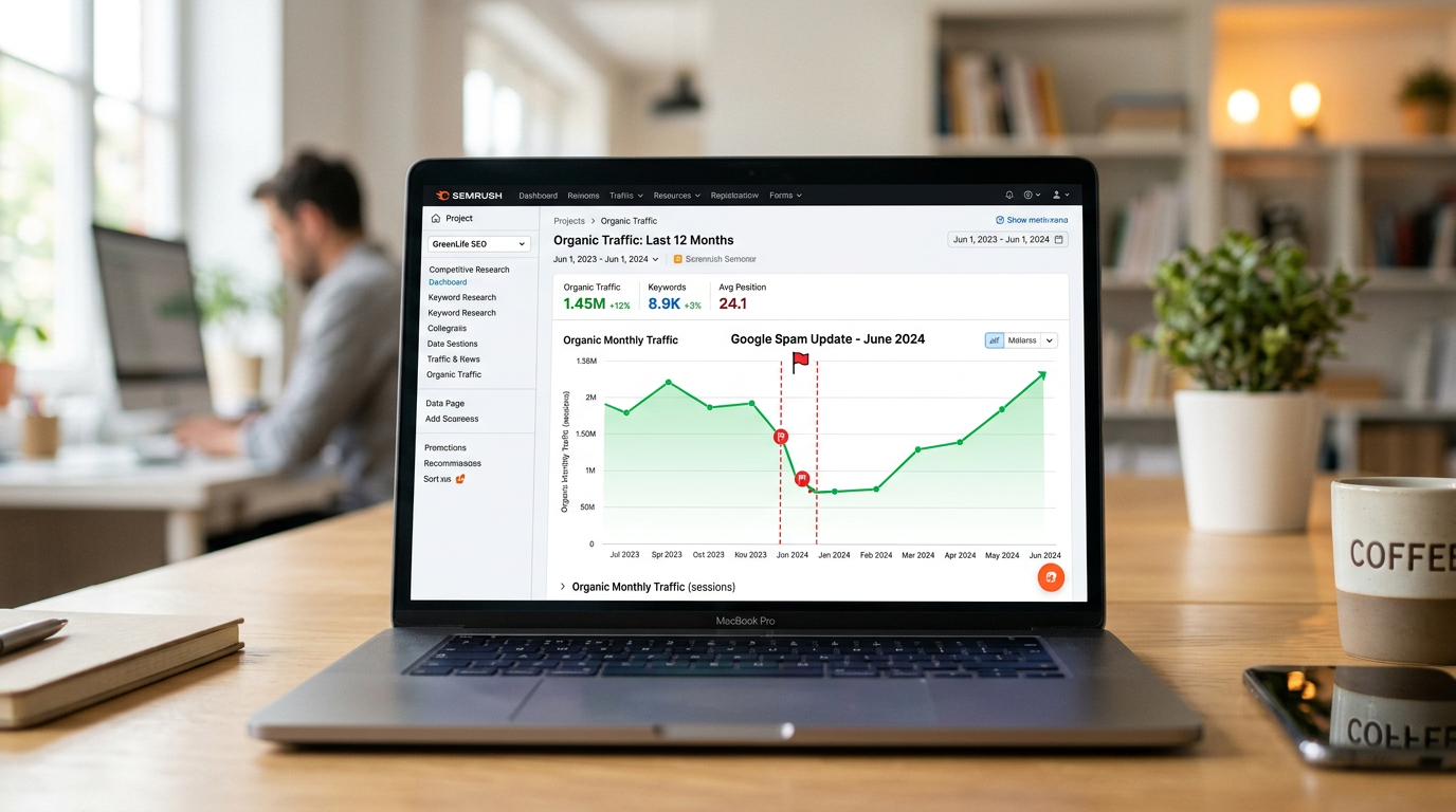 An SEO dashboard showing organic traffic recovery after an algorithm update