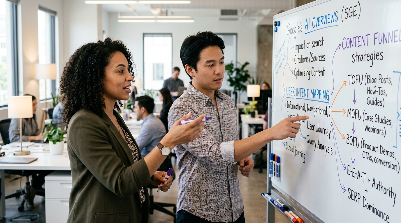 Two SEO strategists planning a response to Google AI Overviews