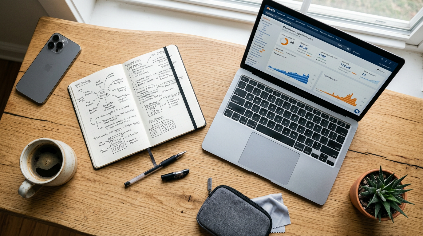 an SEO strategist reviewing analytics data and planning a campaign