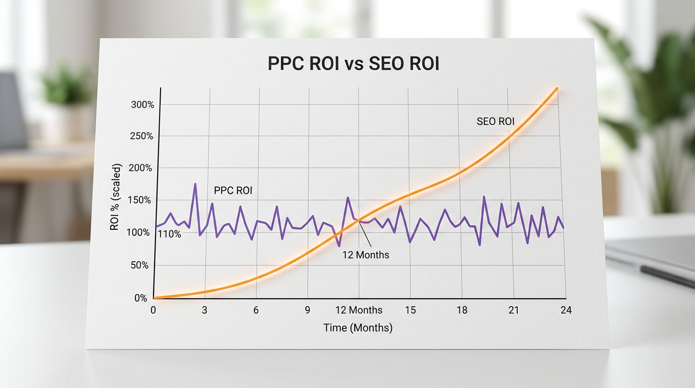 chart showing seo roi overtaking ppc roi over time