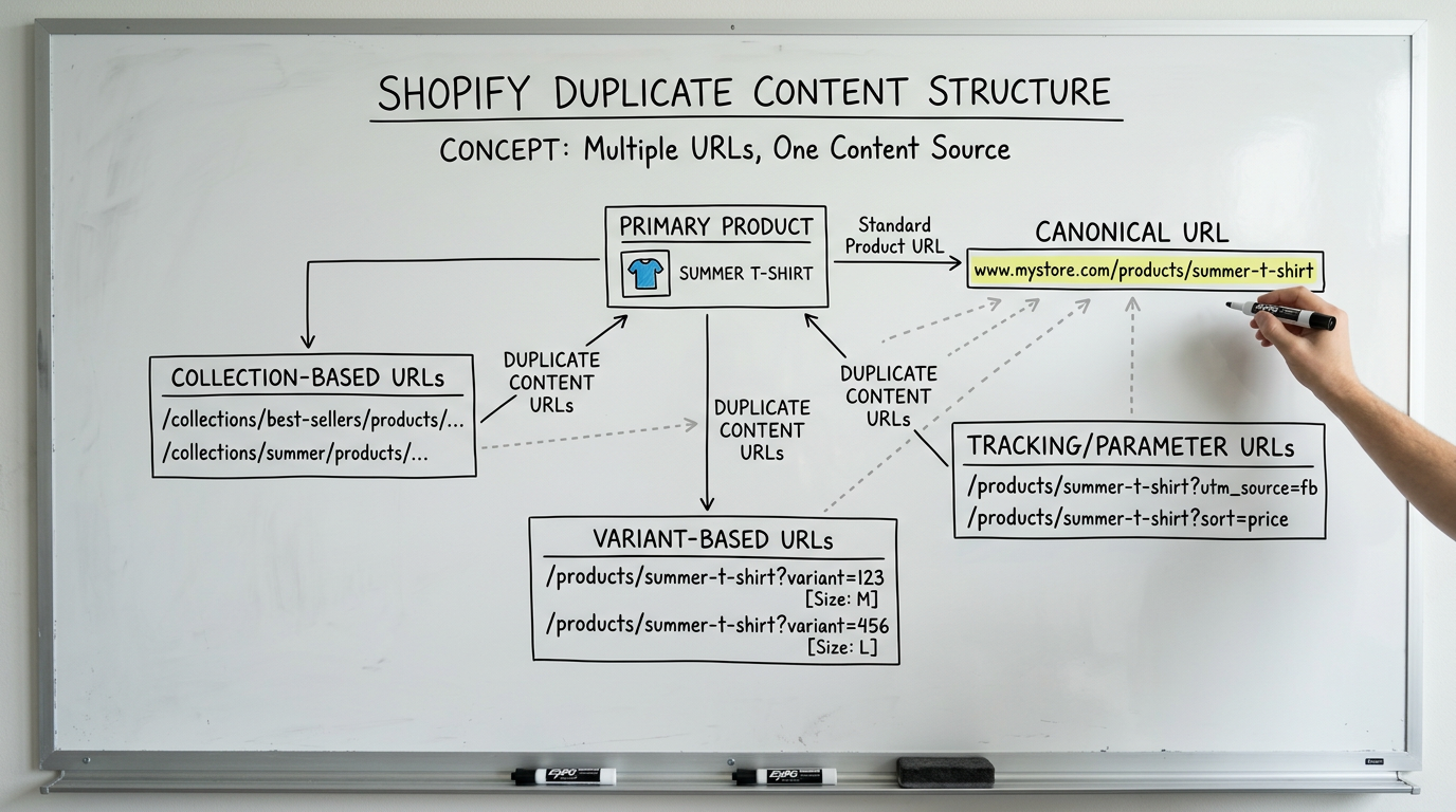 diagram showing shopify duplicate content and canonical tags