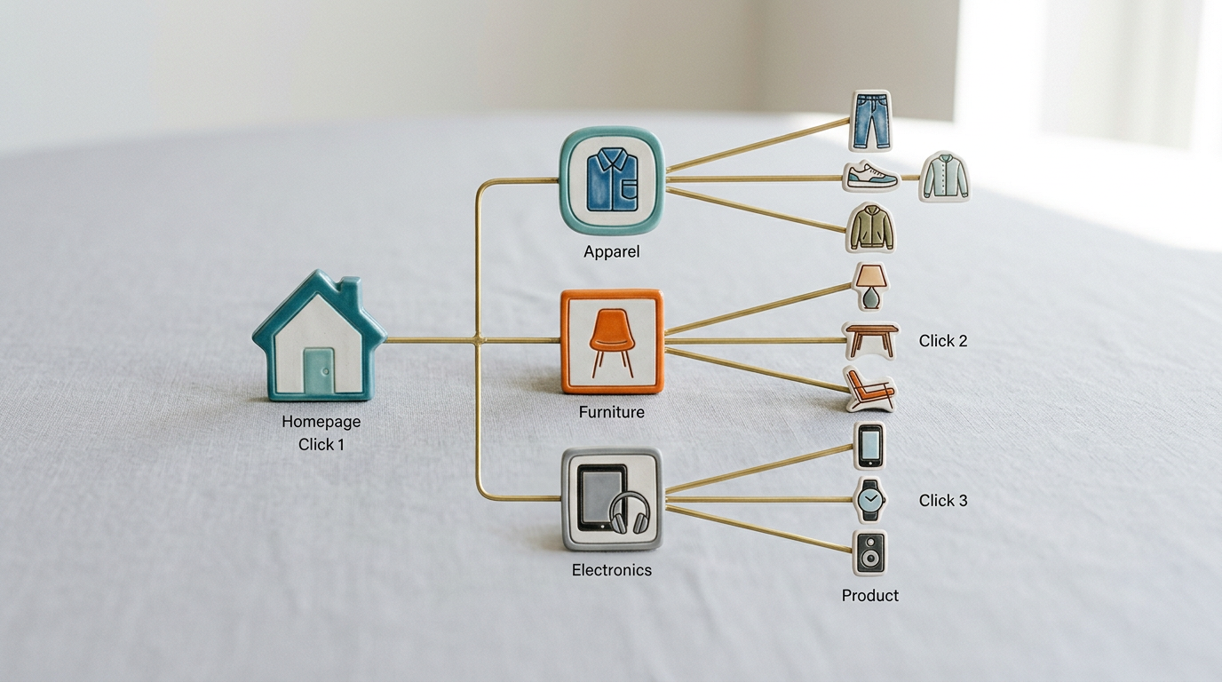 Diagram showing a shallow site architecture for better Shopify SEO.