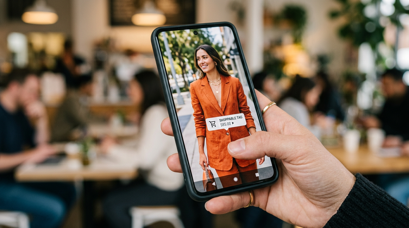 User interacting with a shoppable video ad on a smartphone