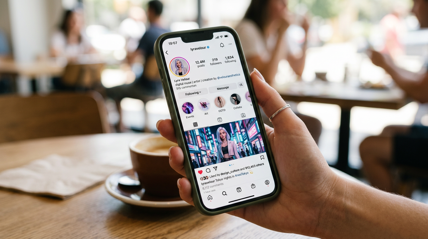 virtual influencer profile on a smartphone screen showing high engagement